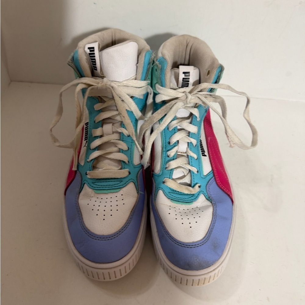 Puma White High Top Sneakers with Pink, Blue, and Green Accents size 5 - Picture 4 of 10